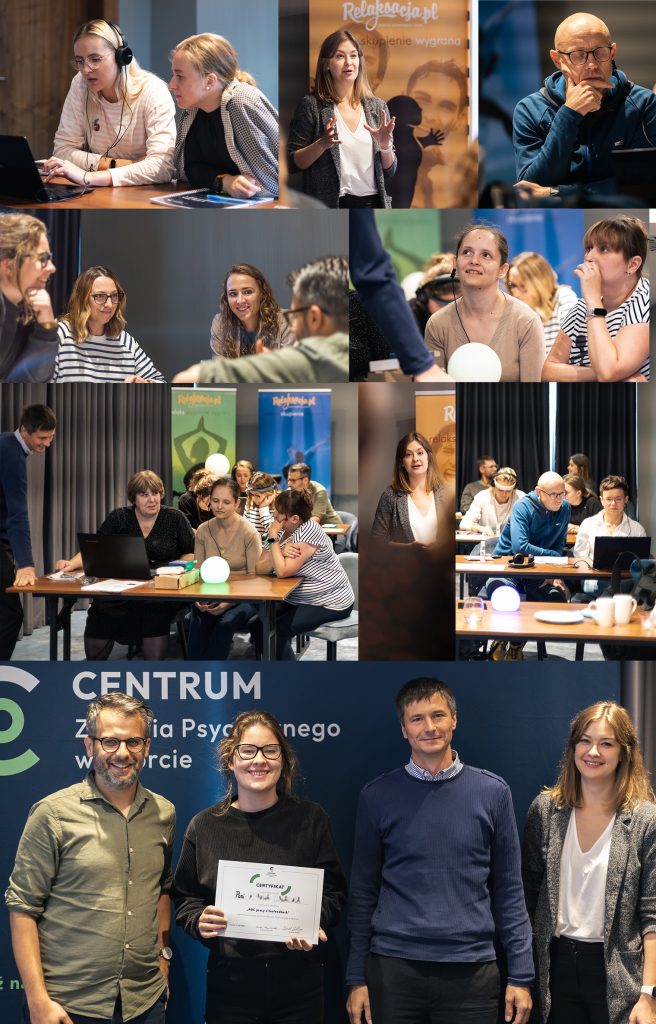 Góra i środek: przebieg szkolenia. Dół: rozdanie dyplomów, osoby (od lewej): prelegent Daniel Krokosz, uczestniczka szkolenia, prelegent Marek Jacenko, prelegent Anna Ussorowska. Góra i środek: przebieg szkolenia. Dół: rozdanie dyplomów, osoby (od lewej): prelegent Daniel Krokosz, uczestniczka szkolenia, prelegent Marek Jacenko, prelegent Anna Ussorowska.