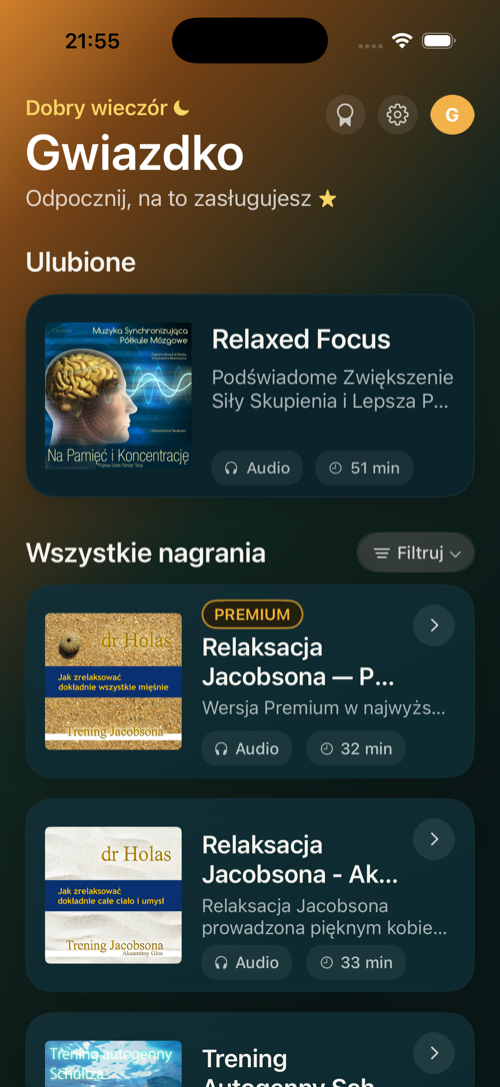 Aplikacja Relaksacja - ekran główny z ulubionymi nagraniami