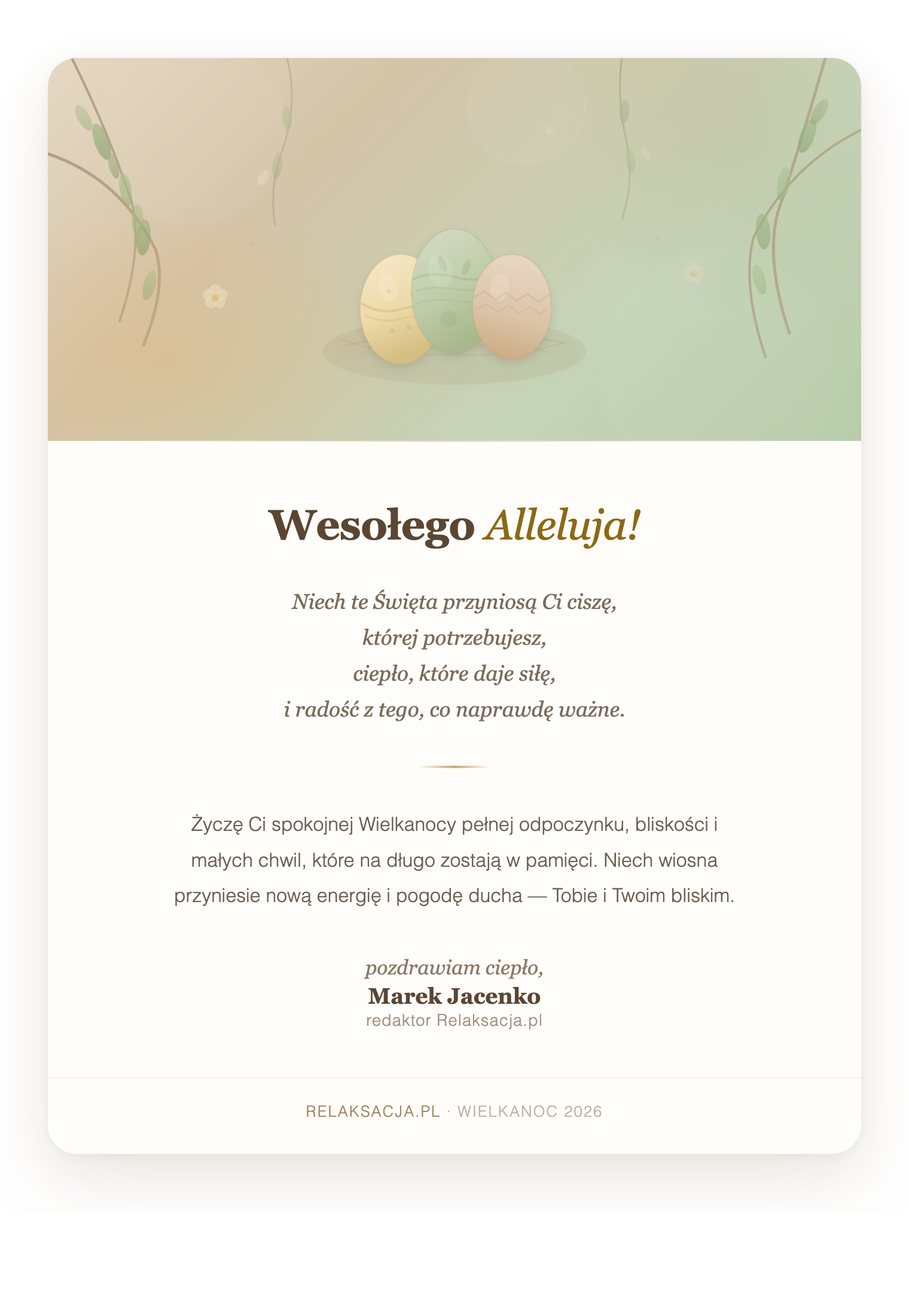 Kartka Wielkanocna 2026 — Wesołego Alleluja życzy Relaksacja.pl
